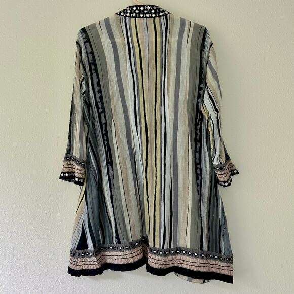 Anu shift tunic striped 3/4 sleeve beaded neckline lightweight vacation boho L - Picture 8 of 12